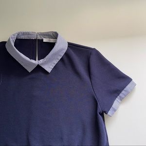 ZARA Poplin Stripped Collar Cuff Detail Short Sleeve Mini Dress Peter Pan Collar